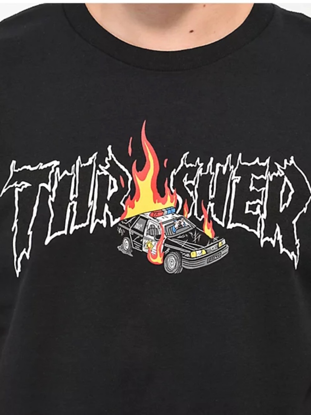 Thrasher black tee with cop car graphic, size medium/large